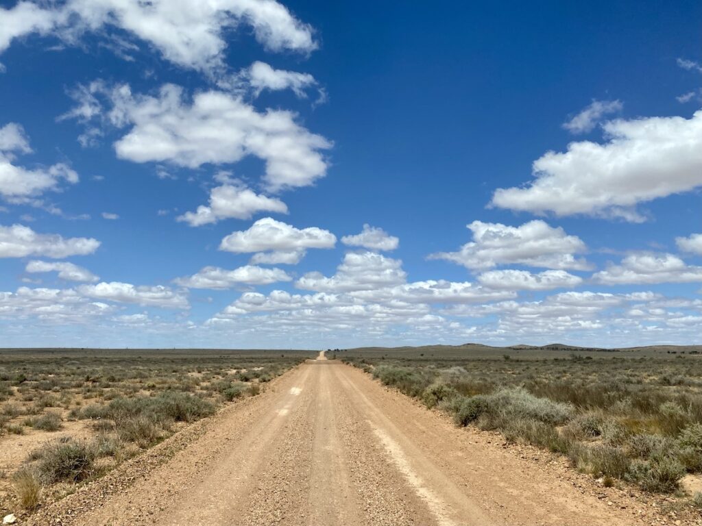 The road from Yunta to Danggali Conservation Park, South Australia. Arid saltbush country.