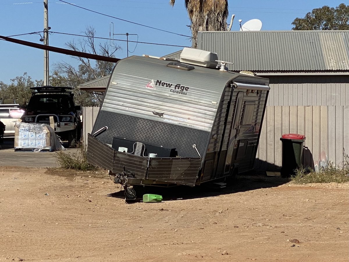 A badly damaged caravan at Birdsville Roadhouse, Queensland.