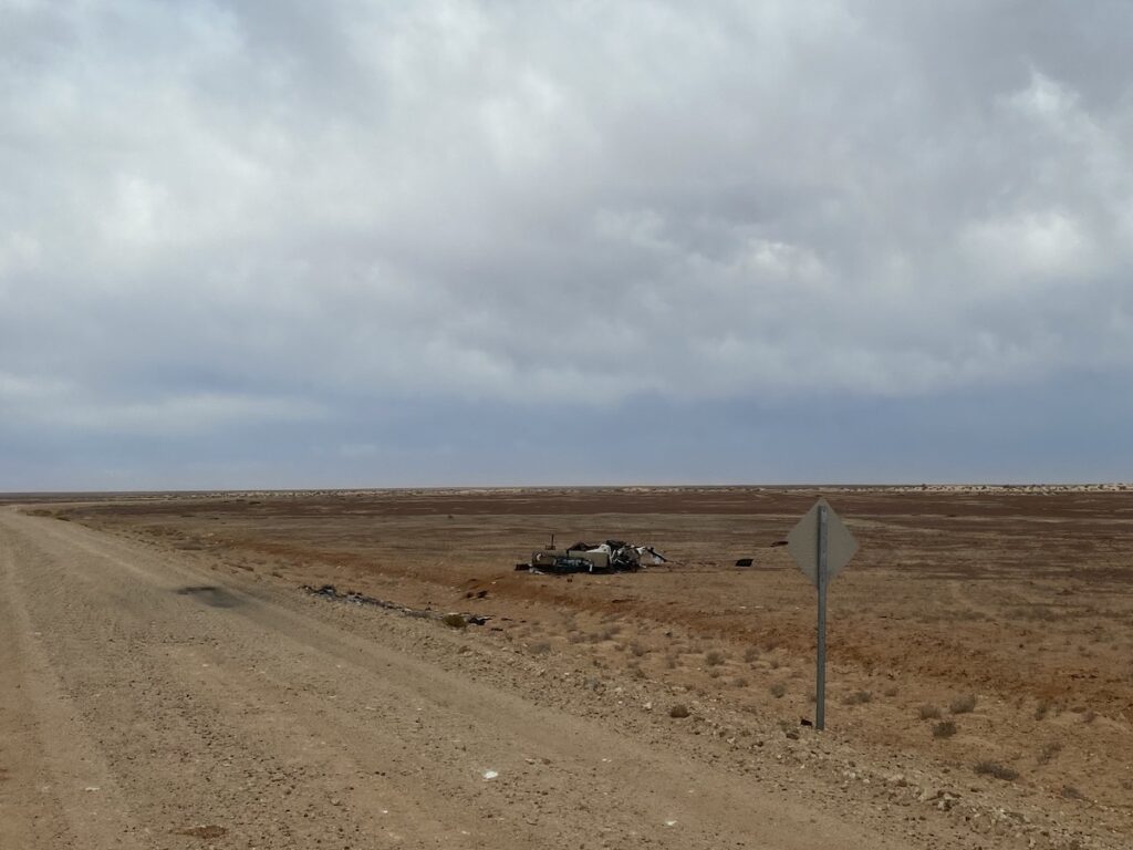 The remains of a destroyed caravan on the Birdsville Track.