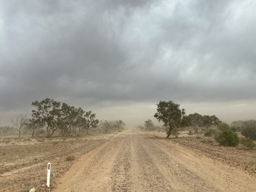 A dust storm at Tippipilla Creek on the Birdsville Track.