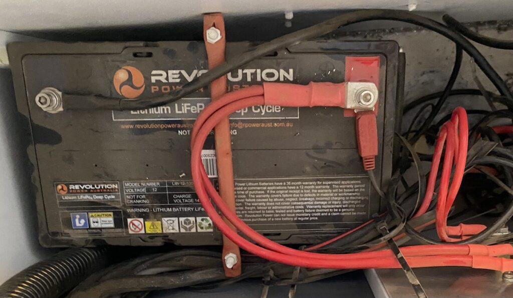 Original Revolution Power 100Ah lithium battery mounted in a Wedgetail Camper. Camper battery upgrade.