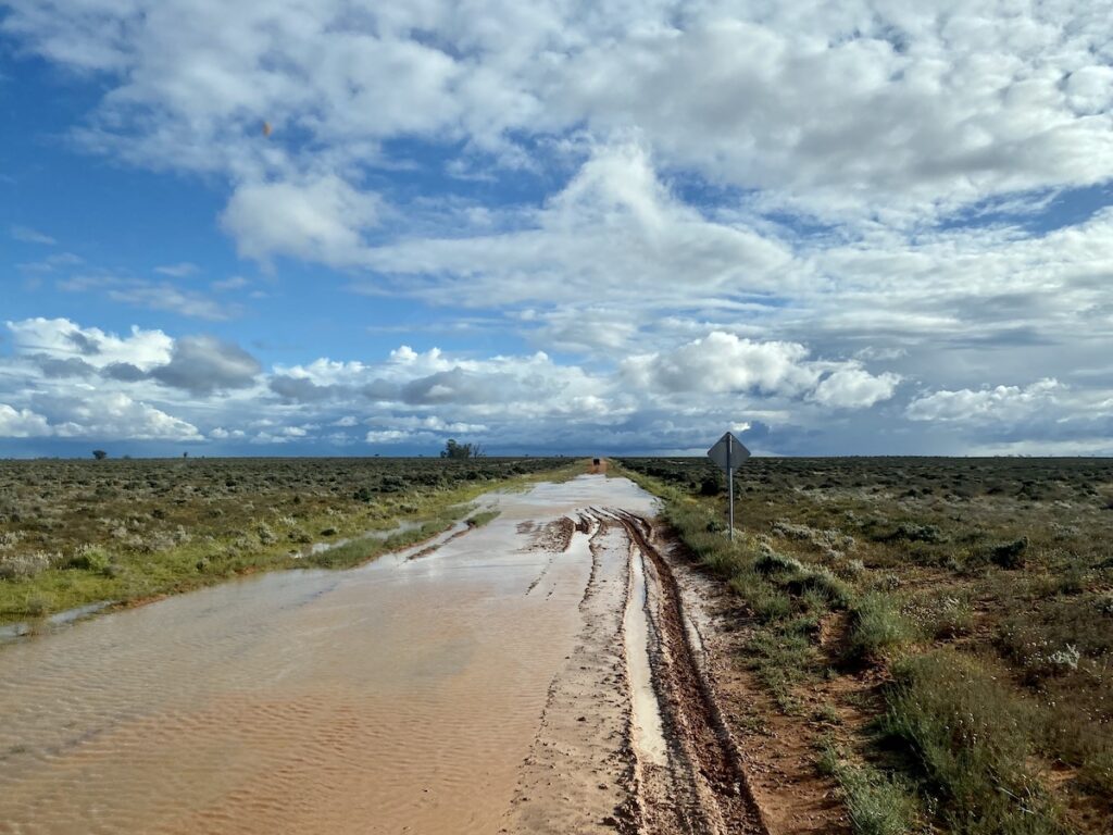 A very wet dirt road in Western New South Wales. We had to traverse this road and the Founders mud tyres assisted us greatly.