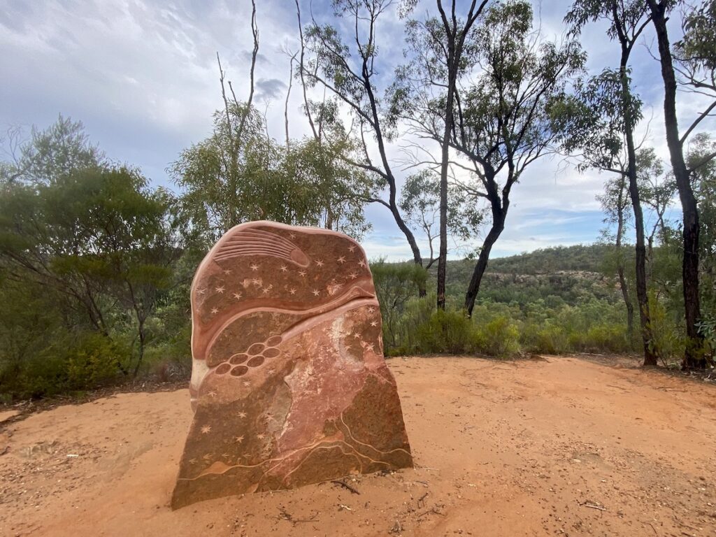 Yulaa (Connections) sculpture. Milky Way and Dark Emu. Sculptures In The Scrub, Pilliga Forest NSW.