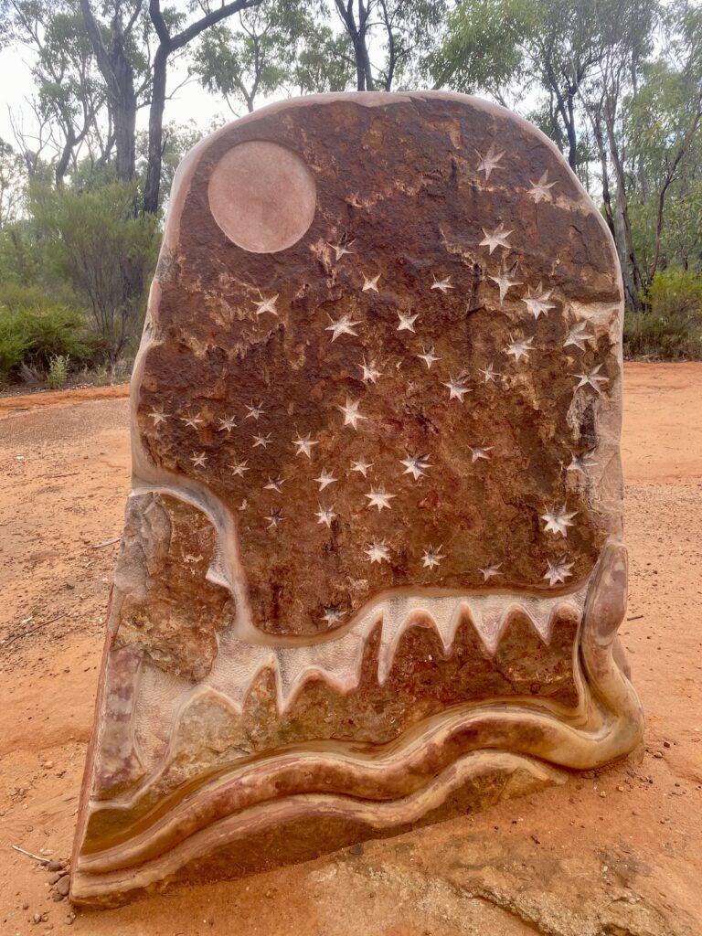 Yulaa (Connections) sculpture. Warrumbungles and Rainbow Serpent. Sculptures In The Scrub, Pilliga Forest NSW.