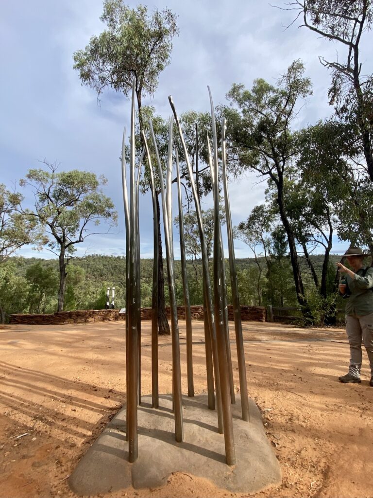 Yurrul Dwuhi (Scrub Spirits) sculpture. Hunting sticks engraved with images. Sculptures In The Scrub, Pilliga Forest NSW.