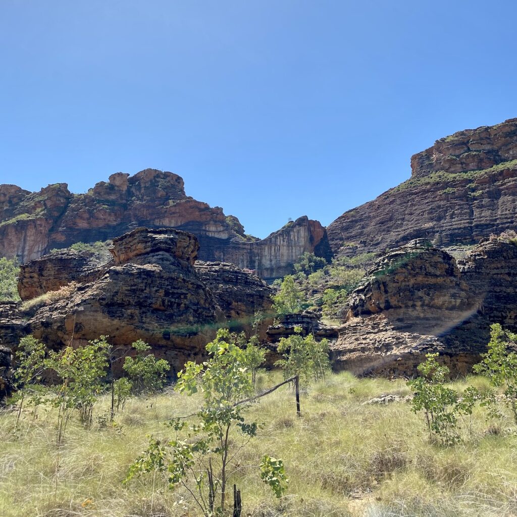 Large sandstone mountains at Goorrandalng Campround, Keep River National Park.